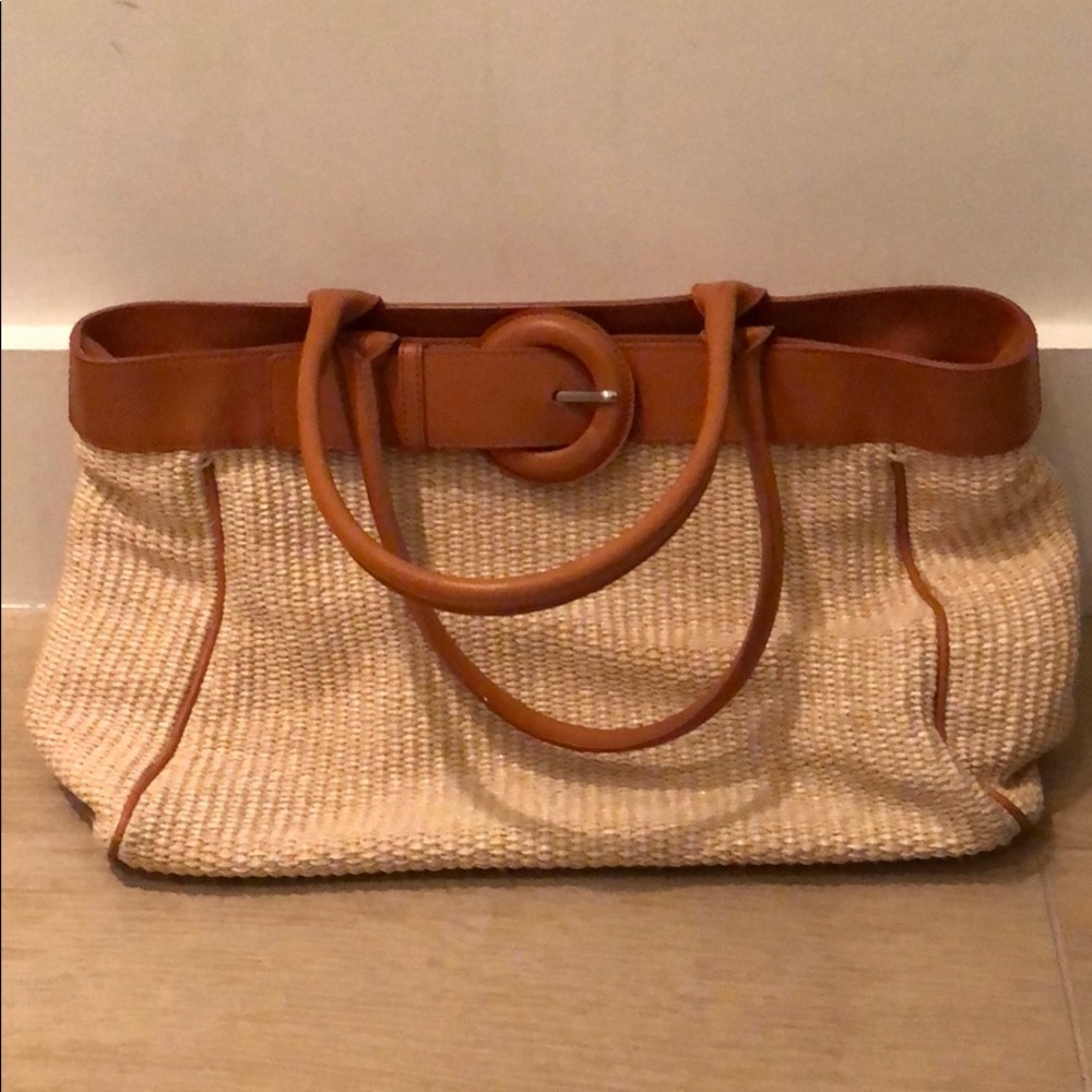 Furla leather and straw shoulder bag